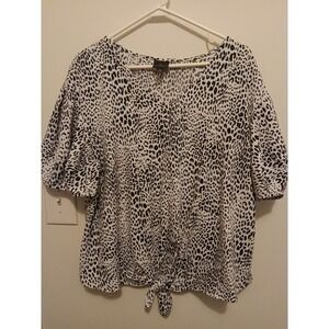 Worthington Womens XL Leopard Print V-Neck Tie Front Puff Sleeve Blouse